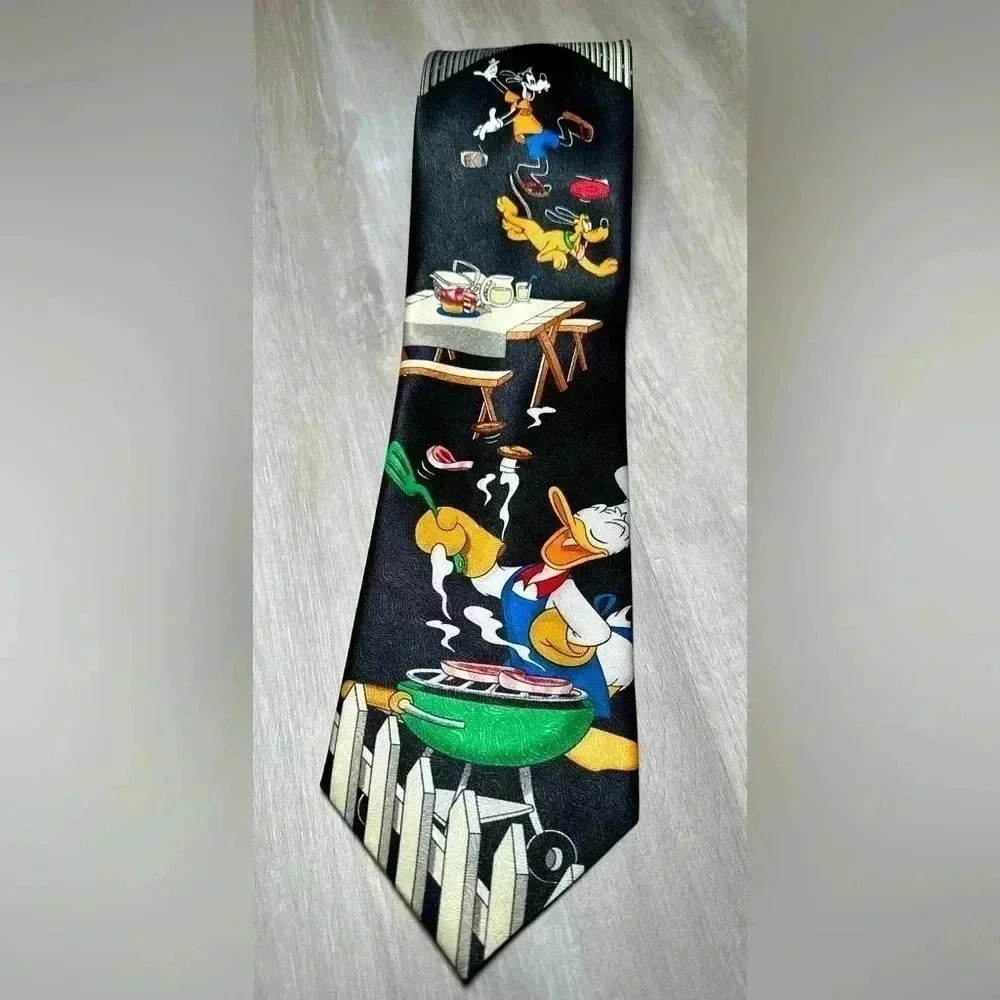 Disney Mickey Unlimited Donald Duck Goofy BBQ Grilling Black Silk Necktie